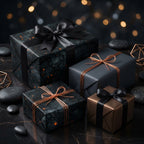 Elegant gift wrapping paper: dark abstract design with black ribbon & copper cord bows for luxurious presents.