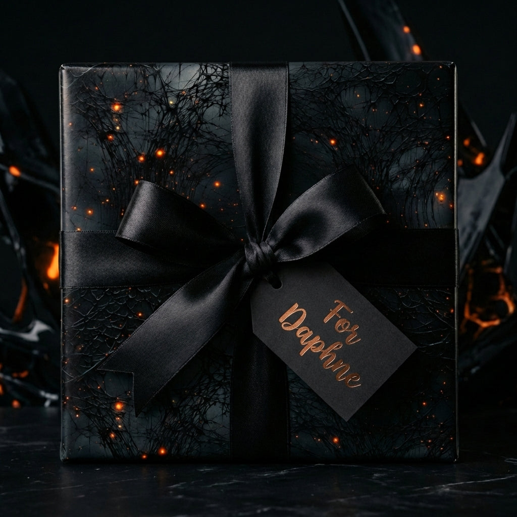 Elegant black gift box wrapped in spiderweb luxury wrapping paper with satin bow and gift tag.