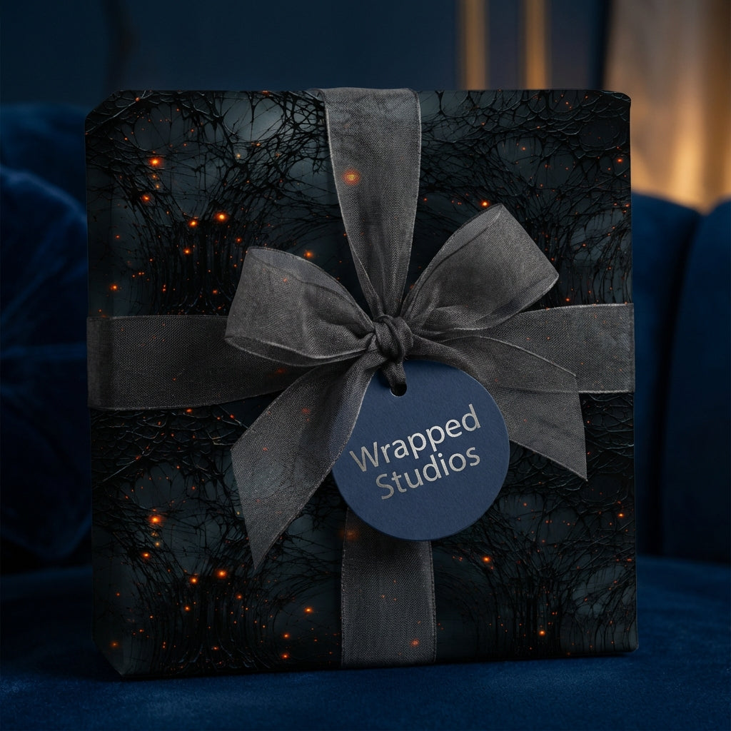 Luxury gift wrap with abstract tree branch pattern and sheer gray ribbon on a square present.