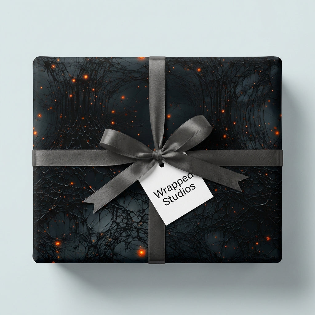 Elegant luxury gift wrap with an abstract dark pattern, tied with a gray satin ribbon and bow.