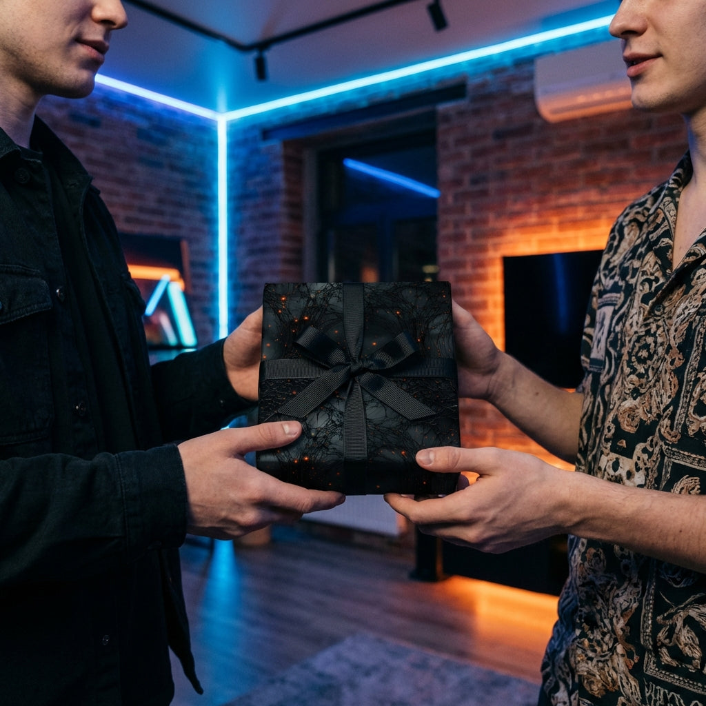 People exchanging a gift wrapped in modern black paper with a subtle branch design and a matching ribbon.