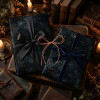 Elegant dark wrapping paper with bows for gifting, spooky season gift wrap.