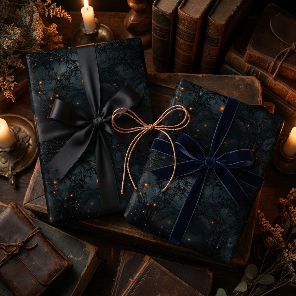 Elegant dark wrapping paper with bows for gifting, spooky season gift wrap.
