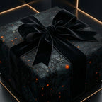 Elegant gift wrapped in dark abstract wrapping paper with black velvet bow.