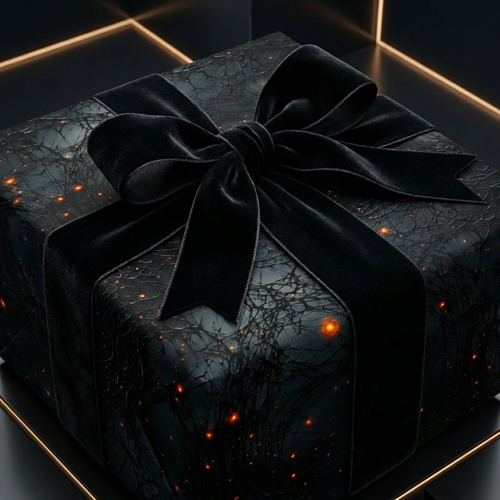 Elegant gift wrapped in dark abstract wrapping paper with black velvet bow.