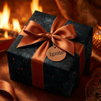 Elegant gift box wrapped in dark, textured paper with a copper ribbon and "Ignite" tag, perfect for luxury Christmas gift wrap.