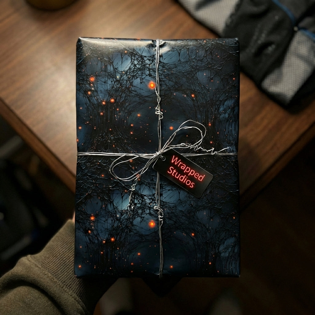 Gift wrapped in dark botanical wrapping paper with orange accents tied with silver cord.