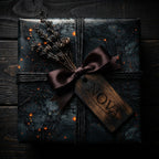 Elegant dark gift wrap with a tree-like pattern, brown ribbon, and wooden tag, perfect for unique birthday or special occasion presents.