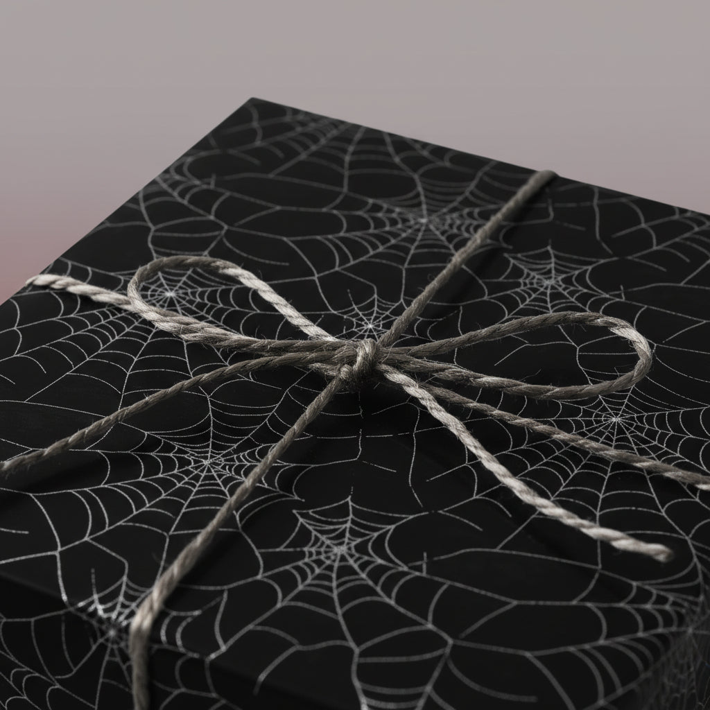 Black Halloween gift wrap with spiderweb pattern and rustic twine bow.