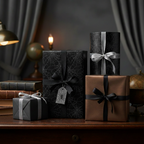 Elegant Halloween gift wrap with spiderweb patterns, finished with satin ribbons, adds spooky chic to your Halloween party.