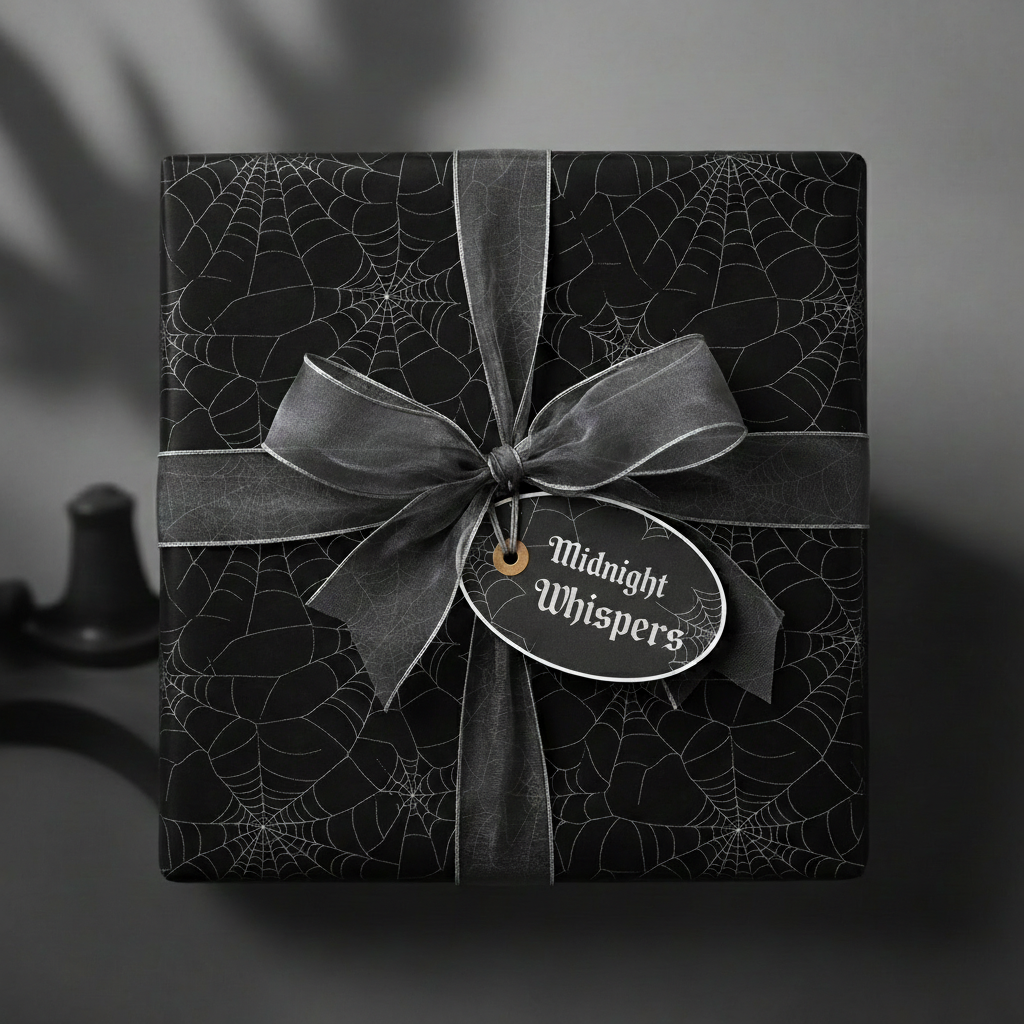Elegant black gift wrapped in spiderweb Halloween wrapping paper with sheer gray ribbon.