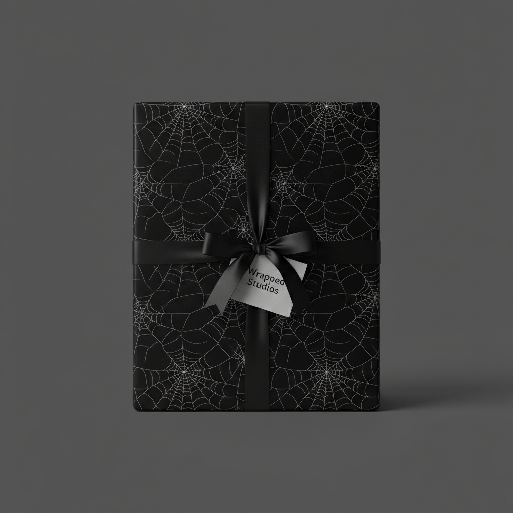 Elegant black Halloween gift wrap with silver spider web design and black ribbon.
