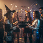 A group of friends at a Halloween party exchanging a gift wrapped in spiderweb paper.