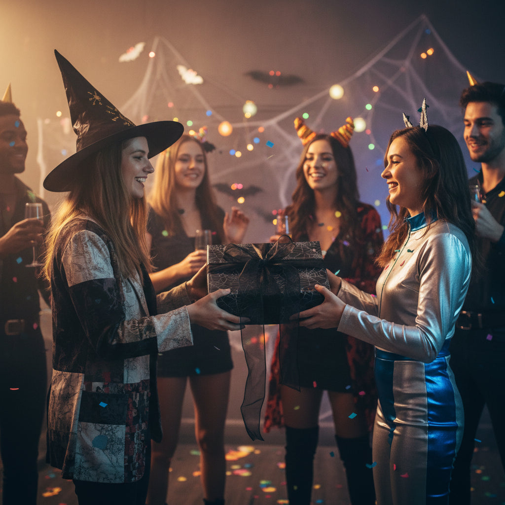 A group of friends at a Halloween party exchanging a gift wrapped in spiderweb paper.