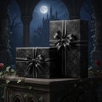 Elegant black gift boxes with spiderweb wrapping paper and silver ribbon for Halloween.