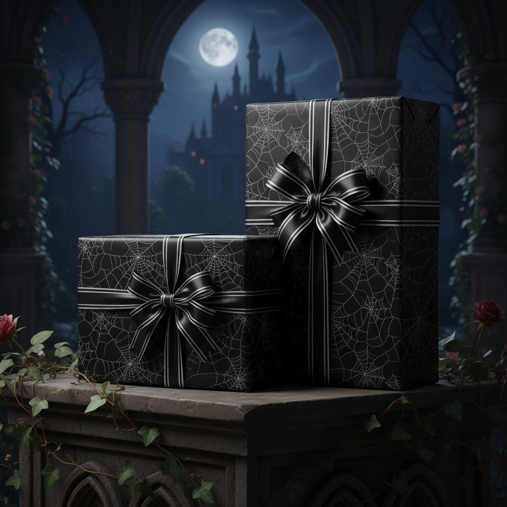 Elegant black gift boxes with spiderweb wrapping paper and silver ribbon for Halloween.