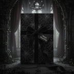 Elegant black gift box wrapped in spiderweb Halloween wrapping paper with velvet ribbon and "Happy Haunting" tag.