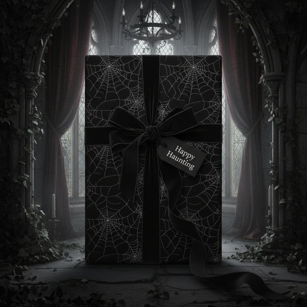 Elegant black gift box wrapped in spiderweb Halloween wrapping paper with velvet ribbon and "Happy Haunting" tag.