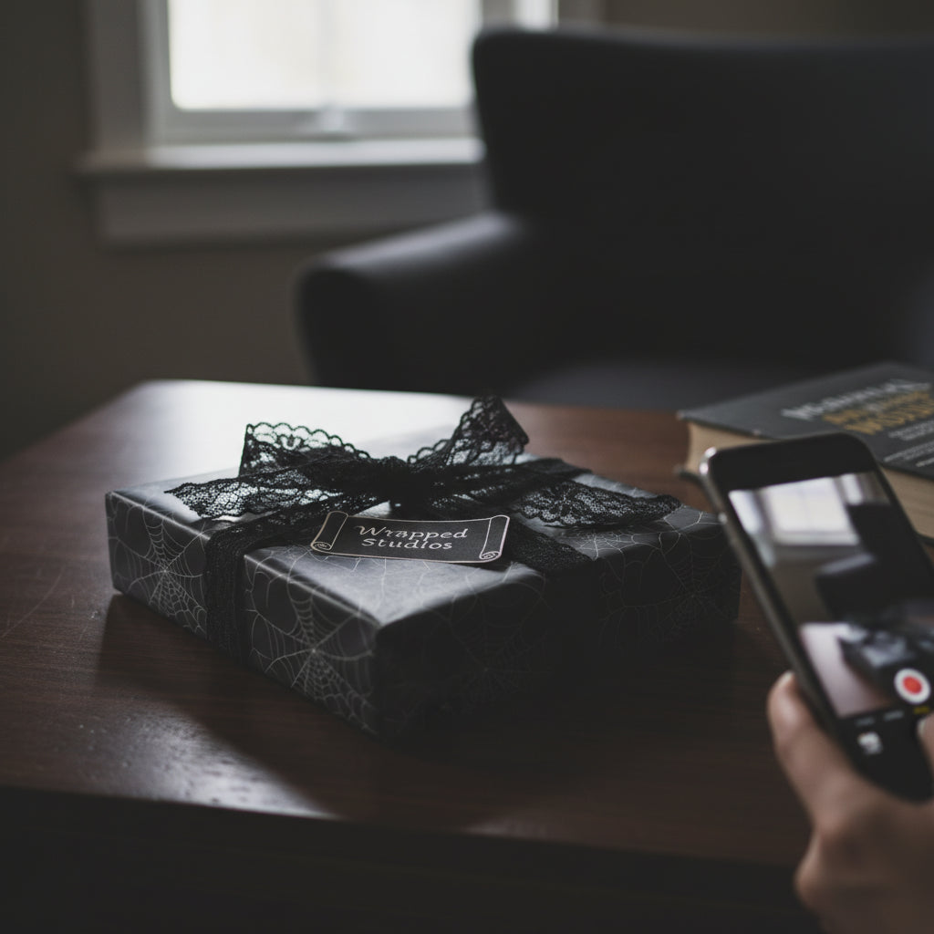 Elegant black spiderweb wrapping paper with a lace ribbon bow and "Wrapped Studios" tag.