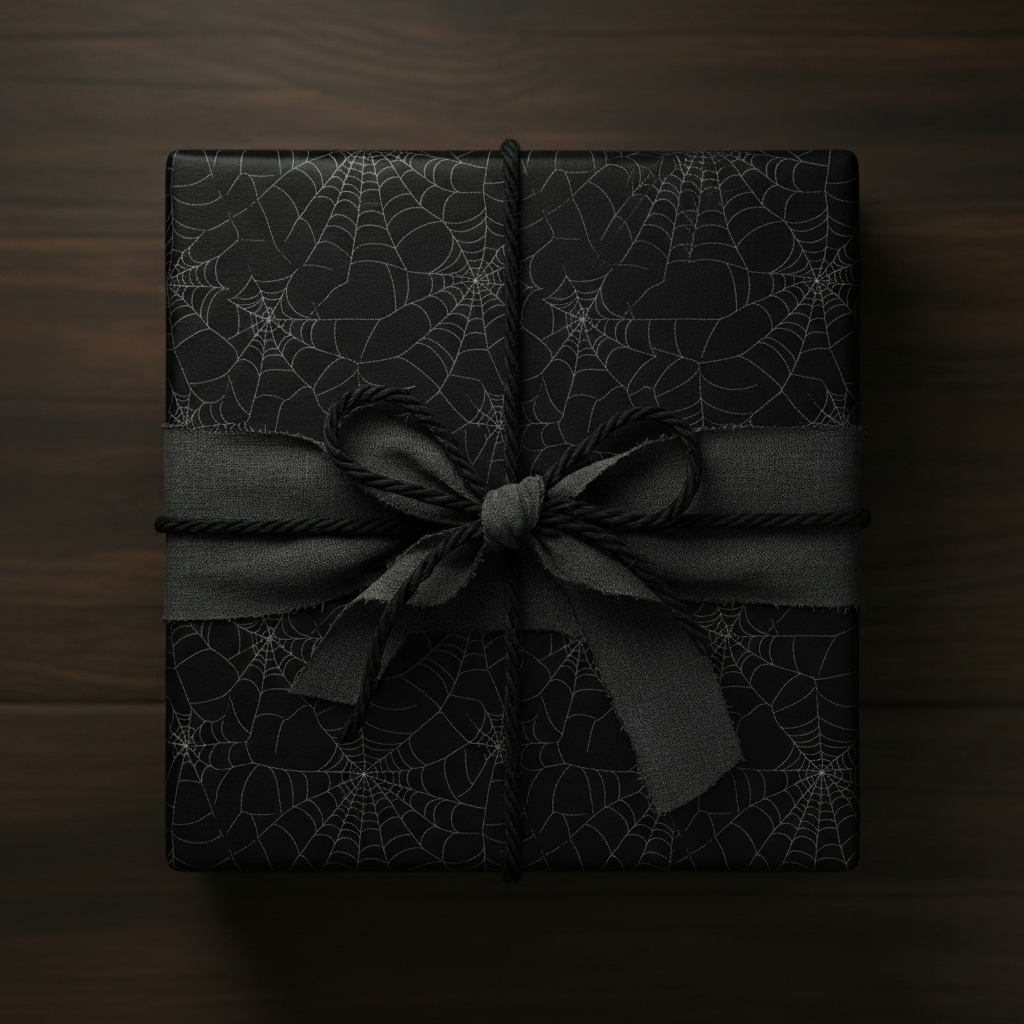 Square gift wrapped in black spiderweb paper with gray ribbon and twine bow.
