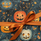 Festive Halloween wrapping paper with pumpkin pattern and satin orange ribbon.