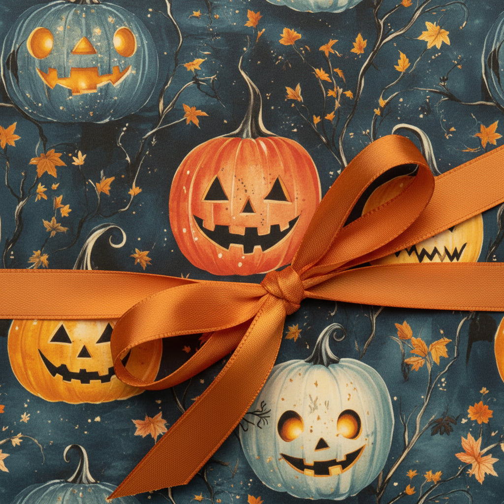 Festive Halloween wrapping paper with pumpkin pattern and satin orange ribbon.