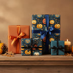 Gifts wrapped in pumpkin Halloween wrapping paper with ribbon, perfect for spooky season gift-giving.