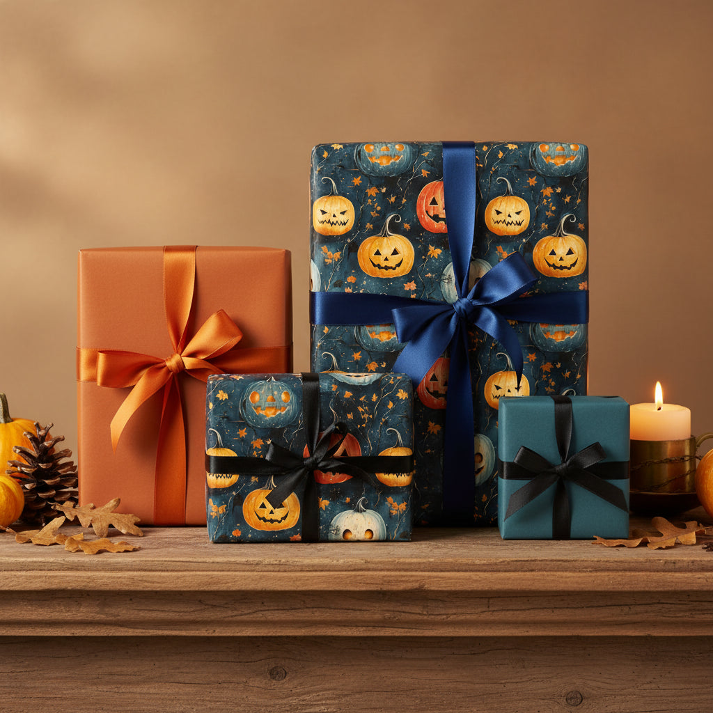 Gifts wrapped in pumpkin Halloween wrapping paper with ribbon, perfect for spooky season gift-giving.