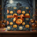 Festive Halloween gift with pumpkin wrapping paper, copper ribbon, and "Happy Haunting!" tag.
