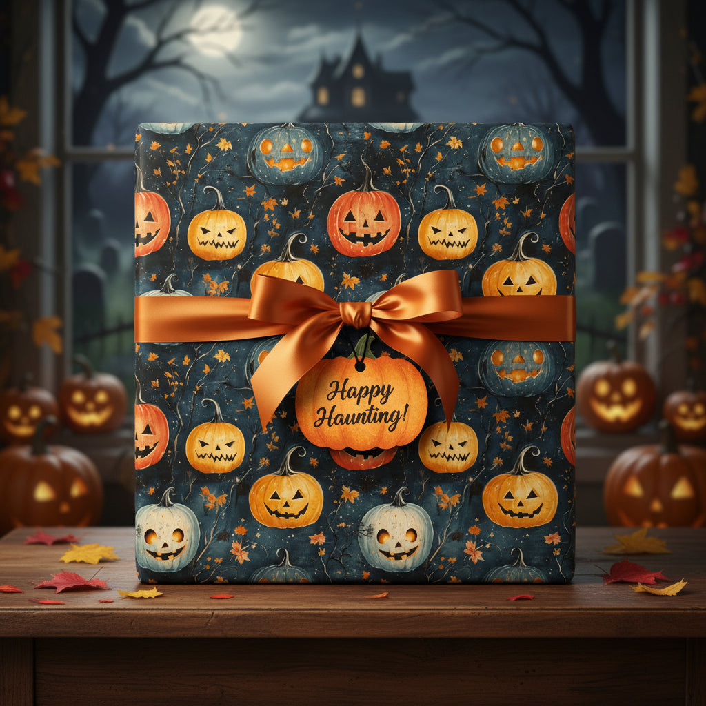 Festive Halloween gift with pumpkin wrapping paper, copper ribbon, and "Happy Haunting!" tag.