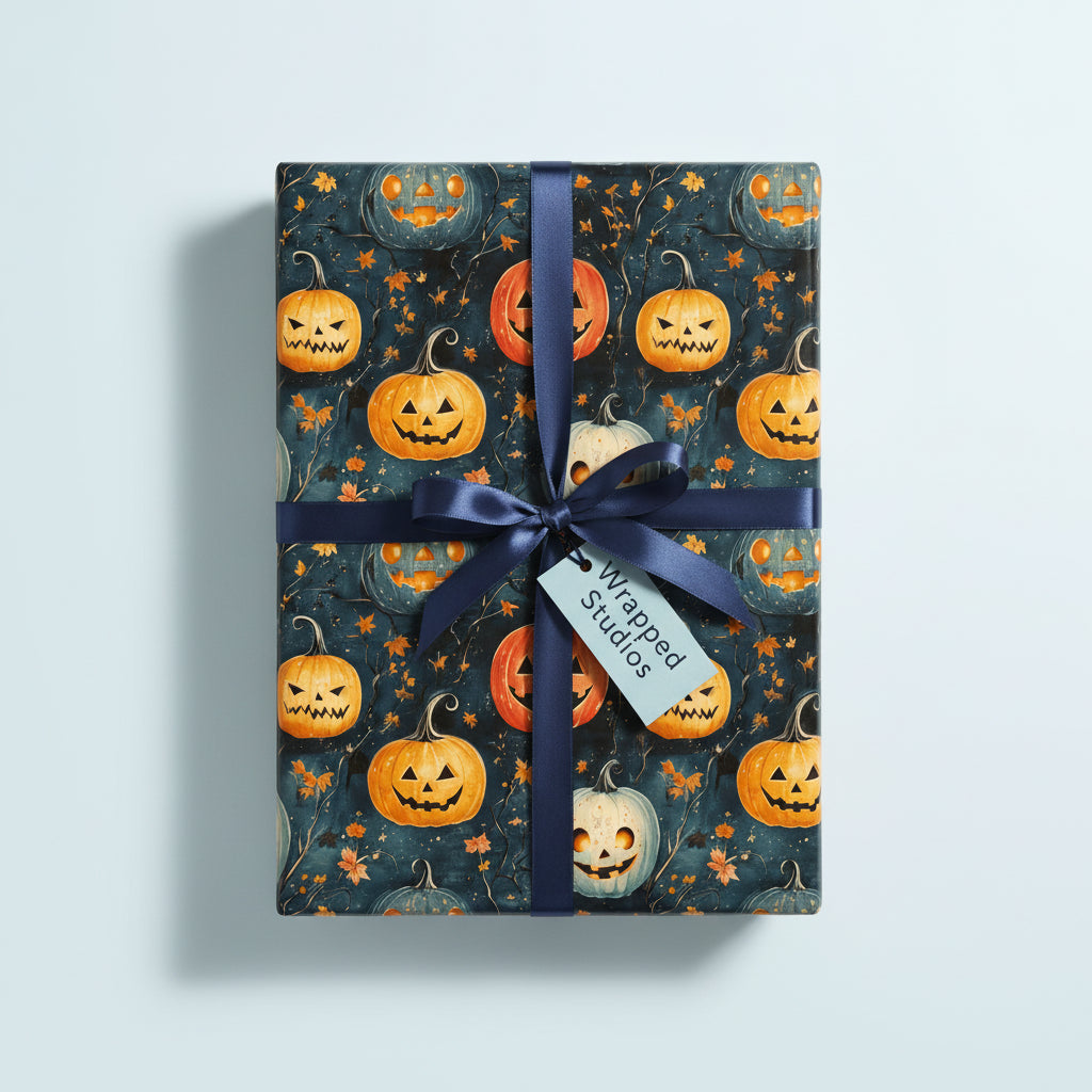 Halloween gift wrap featuring a pumpkin pattern and dark blue ribbon.