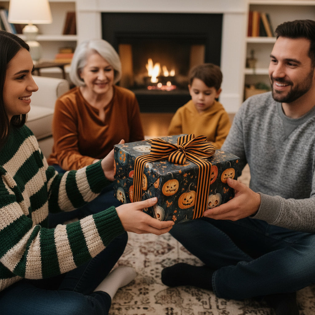 Family exchanging Halloween gift wrapped in pumpkin pattern paper with striped ribbon, fireplace background.