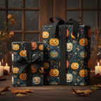 Halloween gift wrap with pumpkin pattern and black ribbon, perfect for spooky season gifts.