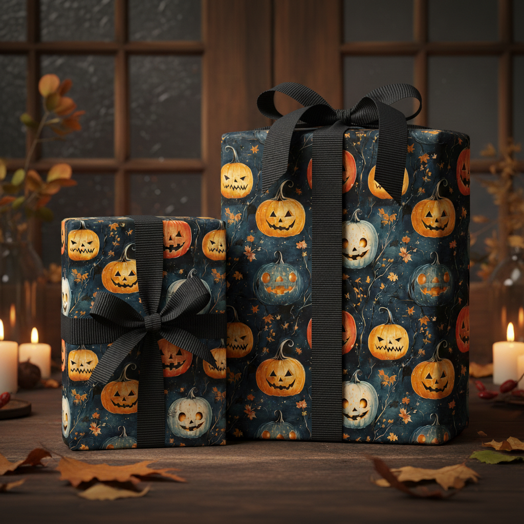 Halloween gift wrap with pumpkin pattern and black ribbon, perfect for spooky season gifts.