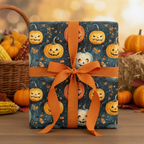 Halloween gift wrapped in dark teal paper with jack-o'-lantern pattern and orange ribbon.