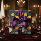 Square gift with pumpkin Halloween wrapping paper, tied with a dark purple satin ribbon and "Trick or Treat" spider embellishment.