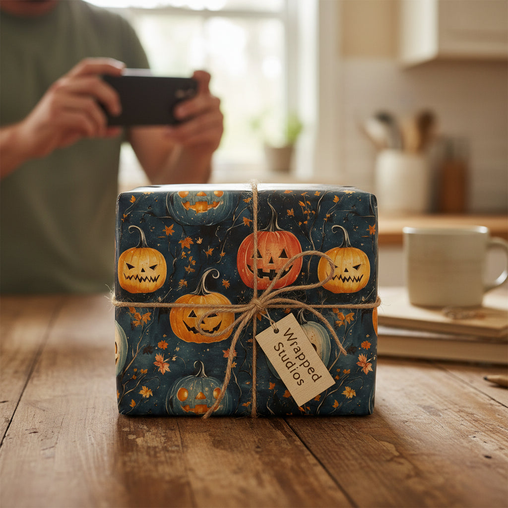 Square gift box wrapped in pumpkin Halloween wrapping paper with twine.