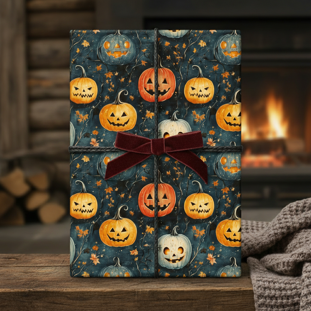 Halloween gift wrapped in pumpkin pattern paper with dark burgundy ribbon bow.
