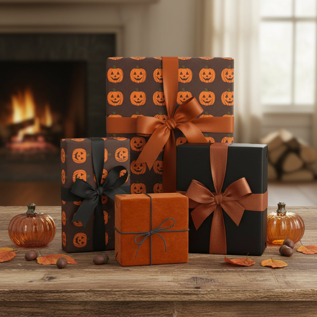 Halloween gift wrap: Presents with pumpkin print paper, ribbons, and autumn decor on a wooden table.