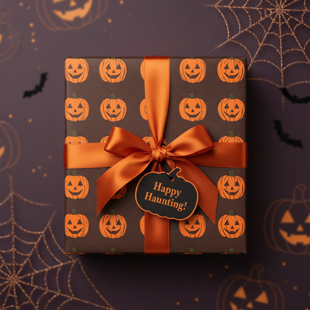 Square Halloween gift wrapped in pumpkin wrapping paper with an orange satin bow.