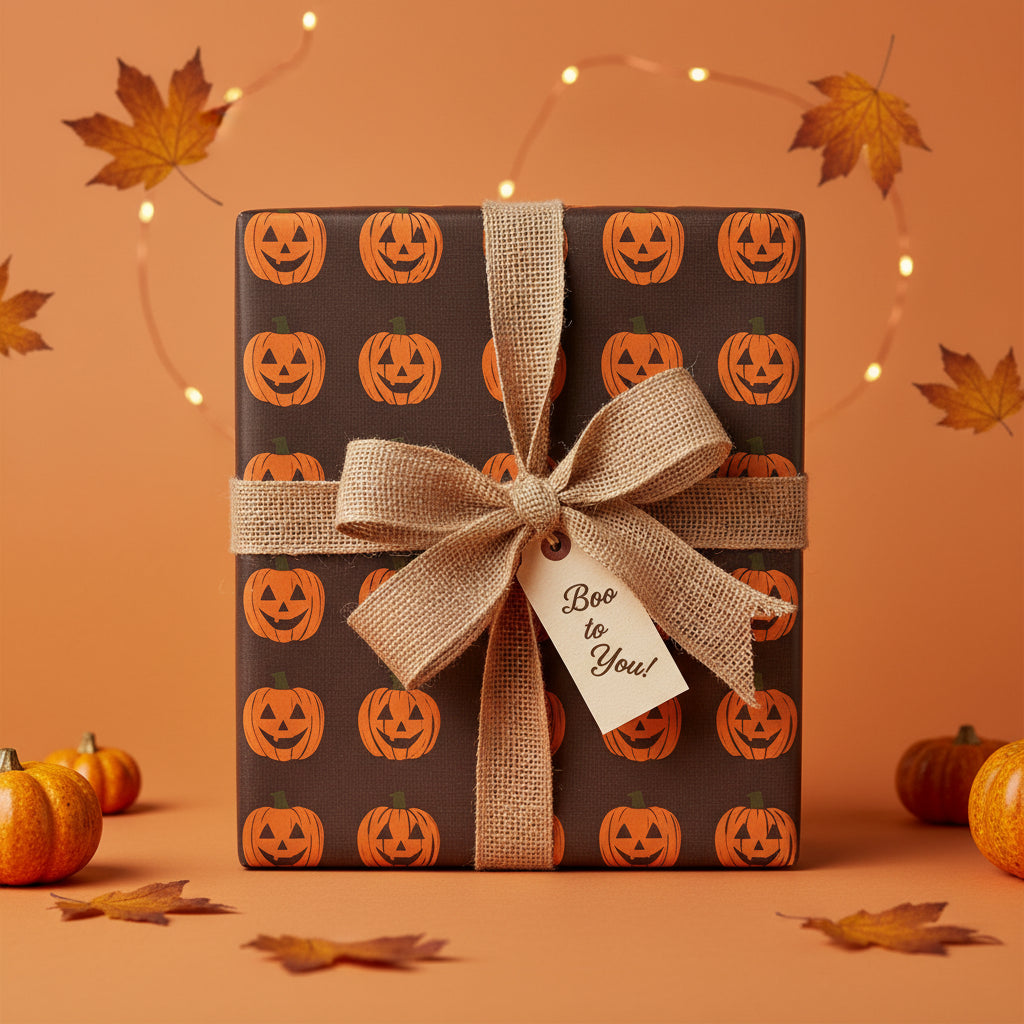 Square gift wrapped in Halloween wrapping paper with pumpkin pattern and burlap ribbon.