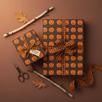 Two gifts wrapped in pumpkin print Halloween wrapping paper with buffalo plaid ribbon.