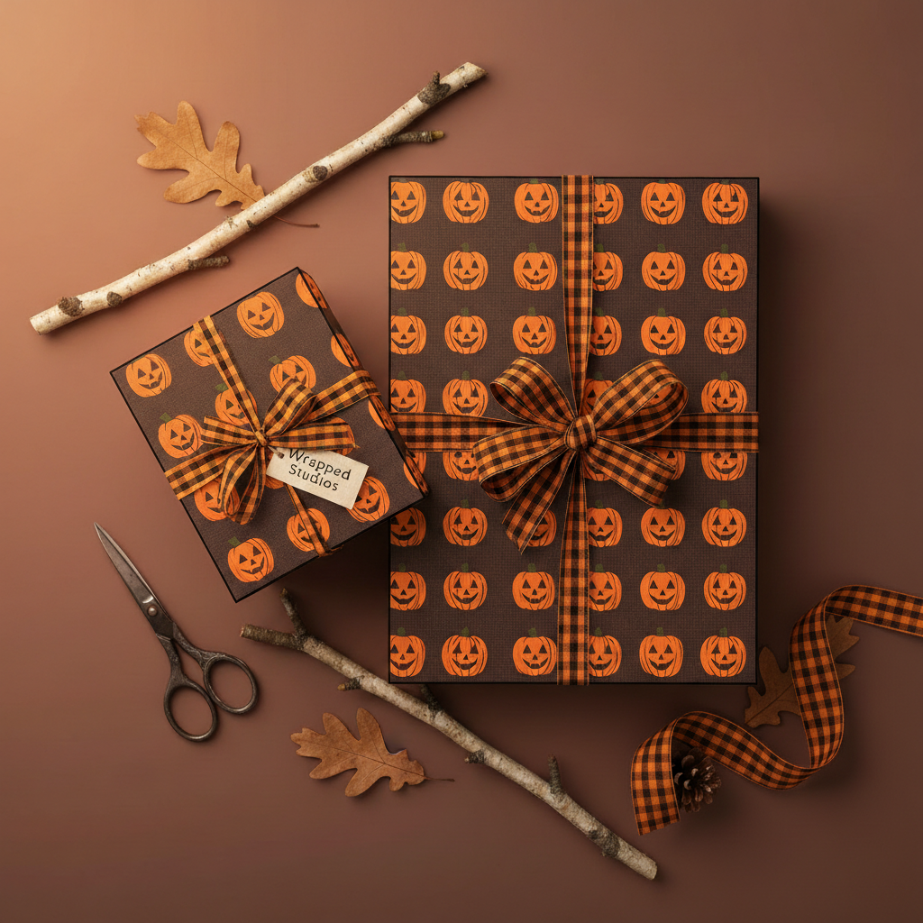 Two gifts wrapped in pumpkin print Halloween wrapping paper with buffalo plaid ribbon.