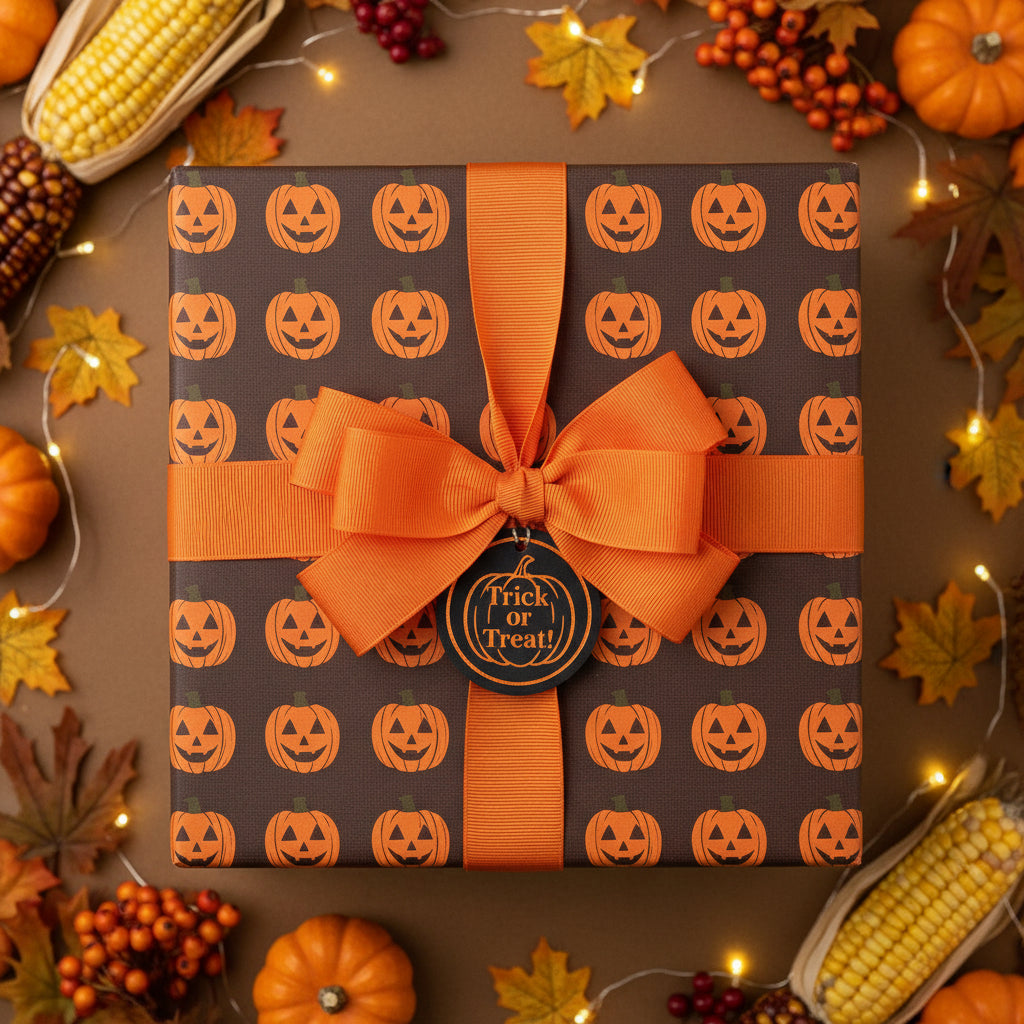Halloween gift wrap with pumpkins and orange ribbon, perfect for spooky season celebrations.