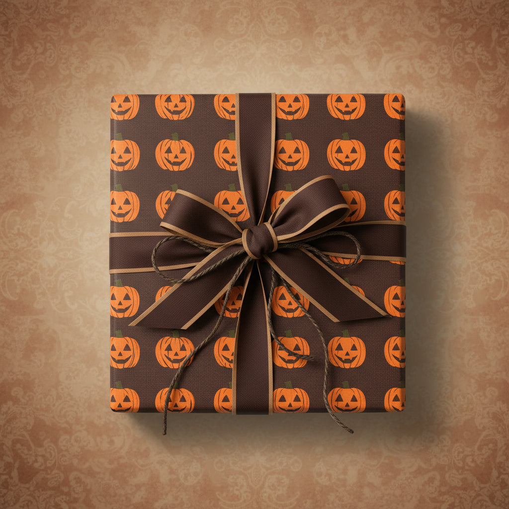 Square gift wrapped in brown Halloween wrapping paper with orange jack-o-lanterns and a brown ribbon.
