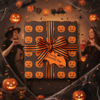 Brown Halloween gift wrap with a pumpkin pattern, orange & black striped ribbon, and "For the Ghoulish One" tag.