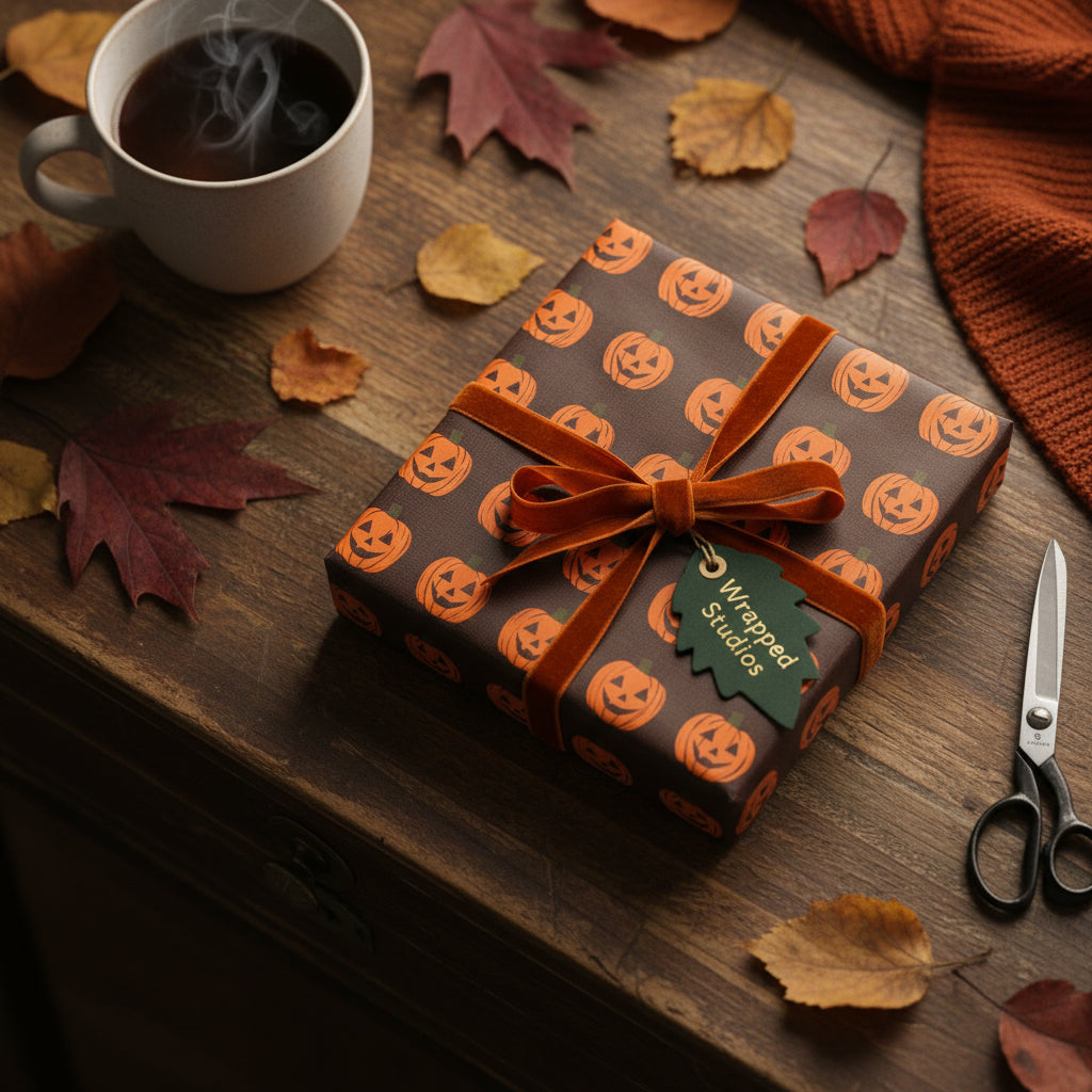 Stylish Halloween gift wrap featuring a pumpkin pattern with a velvet ribbon on a rustic wood surface.