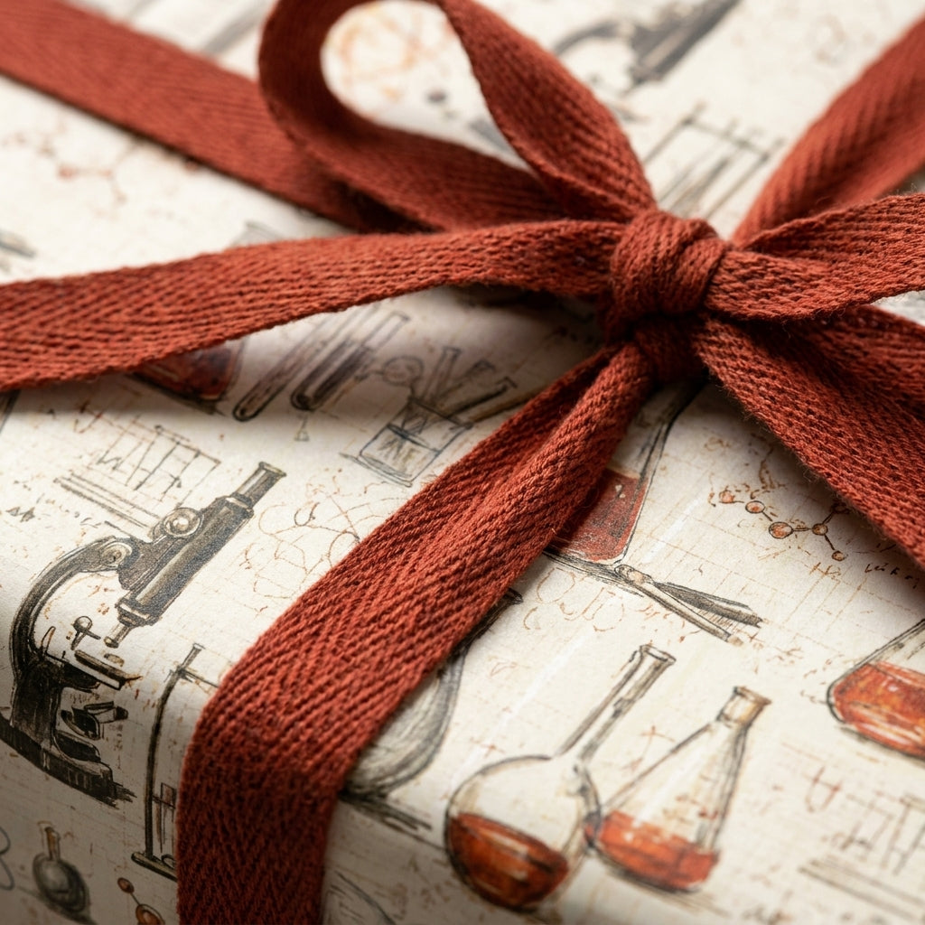 Vintage science wrapping paper with chemistry flasks and microscopes under a rust bow by Wrapped Studios.