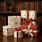 Vintage science wrapping paper with chemistry flasks on gifts in a library by Wrapped Studios.