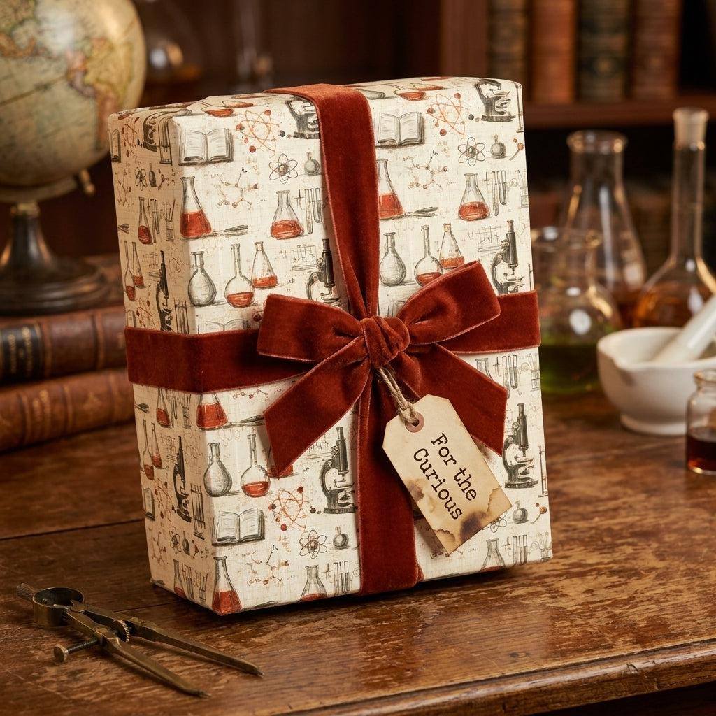 Vintage science wrapping paper with beaker pattern and rust velvet bow. Gift wrap by Wrapped Studios.